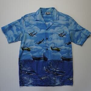Vintage Aloha Republic Hawaiian Shirt Men’s M Navy Ship Plane Print Made in Hawa